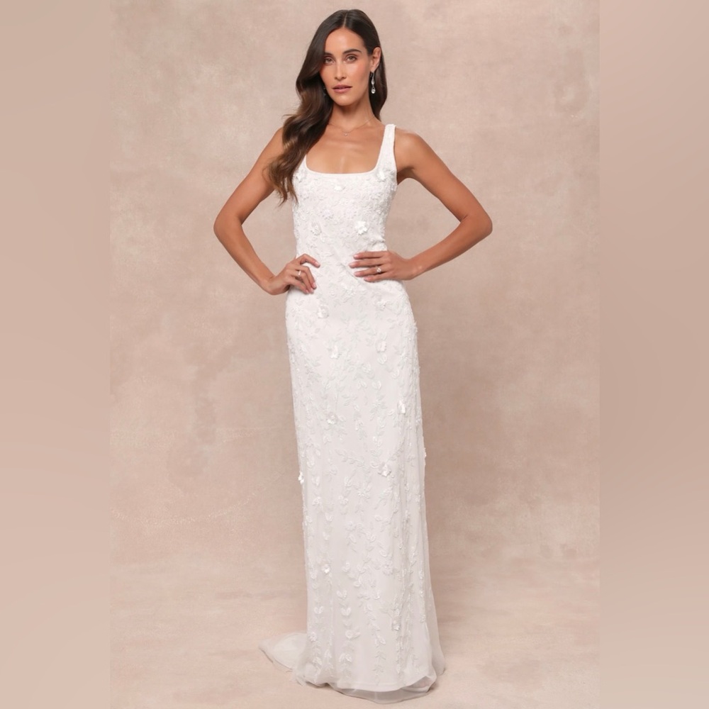 Extraordinary Glamour White 3D Floral Beaded Backless Maxi Dress by Lulus